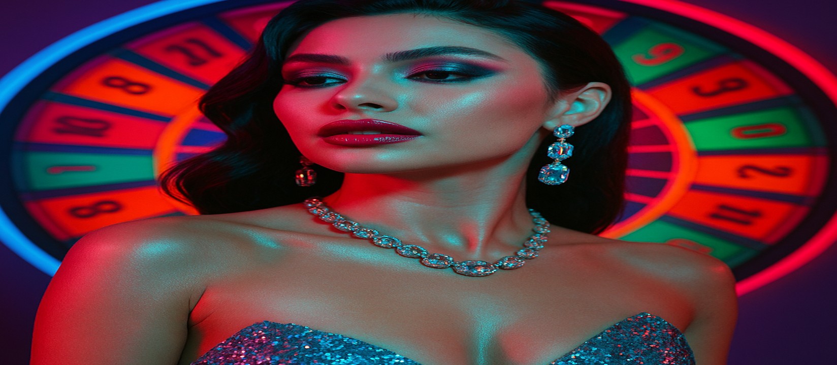 চাকার সামনে উজ্জ্বল পোশাকে এক নারীর সঙ্গে a71-র রঙিন গেমিং প্ল্যাটফর্ম